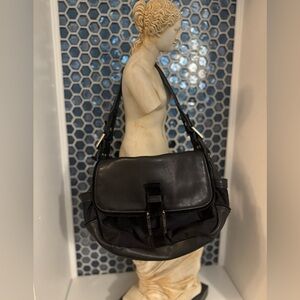 Furla Baguette Shoulder Bag Black Nylon & Leather Silver.